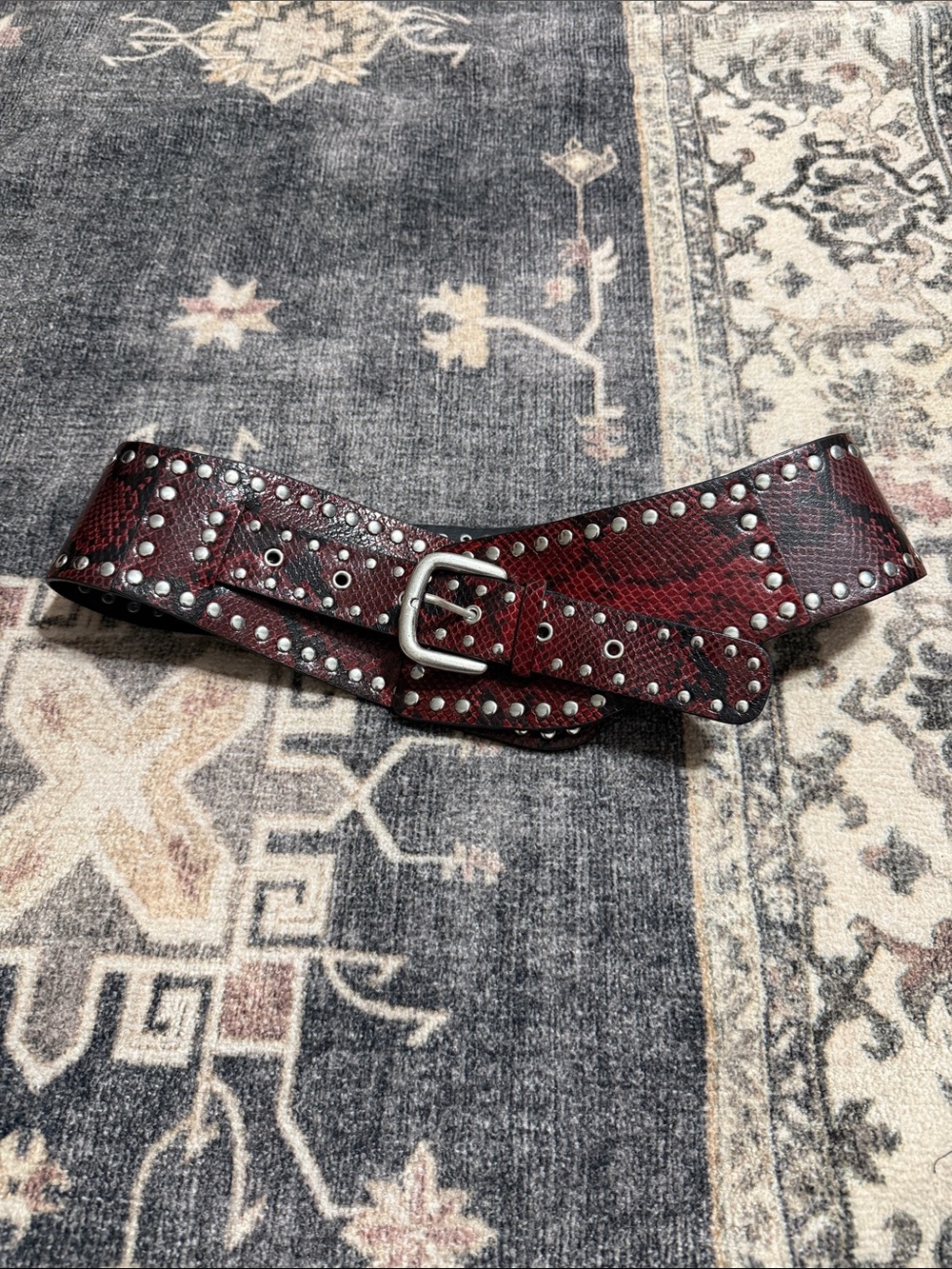 Zara Red Snake-Print Studded Waist Belt
